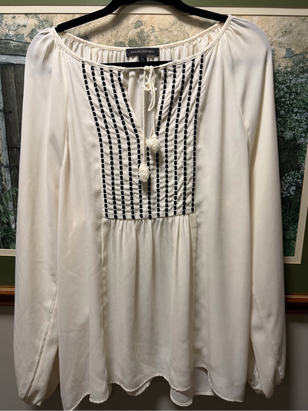 Banana Republic Cream Long Sleeve Peasant Blouse with Black Embroidery